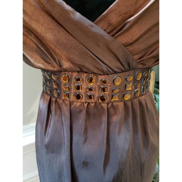 Roulette Women Brown Belted Spaghetti Straps Surplice Neck Knee Length Dress 12 - Picture 3 of 14